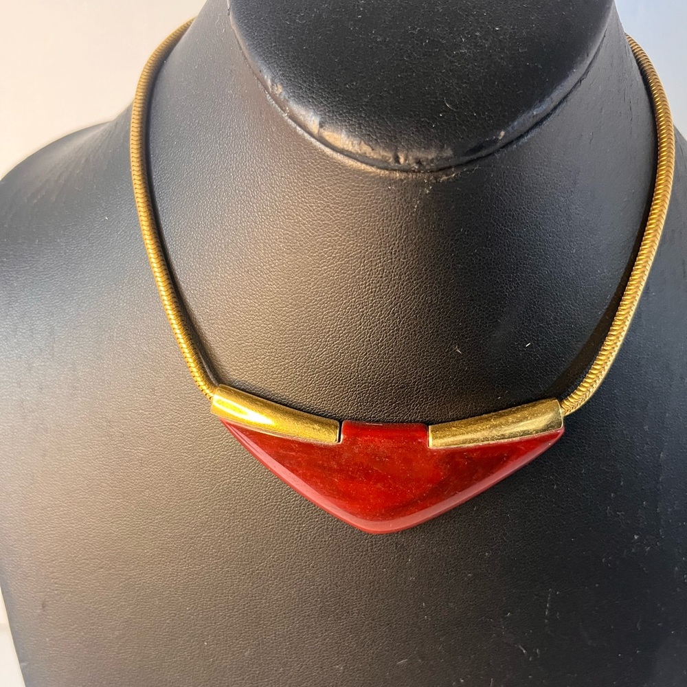 Vintage Crown Trifari Collar Necklace Enamel Gold Tone‎ Burnt Red Orange Trifari